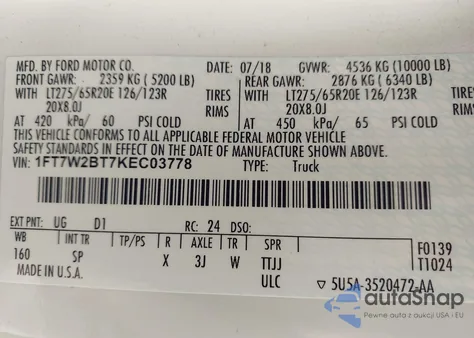 2019 Ford F-250 King Ranch from USA, damaged, VIN 1FT7W2BT7KEC03778